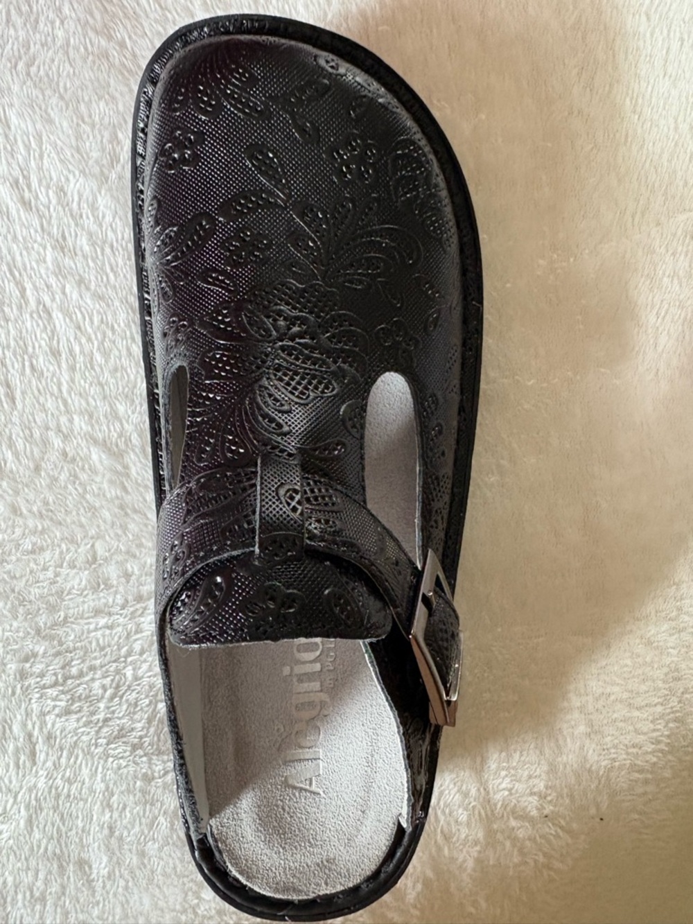 New Alegria Black Floral-Embossed Slip-On Sandal with Buckle size 38 are 8-81/2
